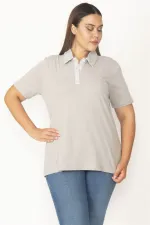 Kadın Gri Pamuklu Kumaş Polo Yakalı Pat Düğmeli Bluz 65N27322