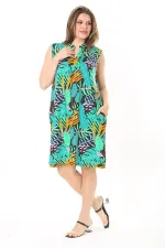 Kadın Büyük Beden Yeşil V Yakalı Desenli Kolsuz Elbise 65N37886