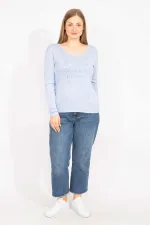 Kadın Bebe Mavisi Büyük Beden Bisiklet Yakalı Ön Baskılı Bluz 65N35567