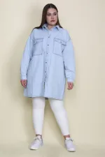 Kadın Mavi Salaş Kesim Çıtçıt Düğmeli Oversize Kot Tunik Ceket 65N28048