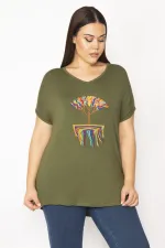 Kadın Haki Nakış Detaylı Düşük Kol Viskon Bluz 65N29506