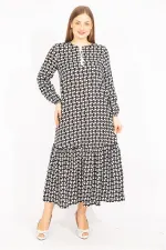 Kadın Siyah Dokuma Viskon Kumaş Etek Ucu Katlı Uzun Kollu Elbise 65N35513