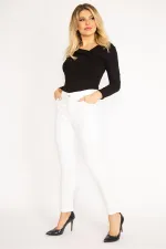 Kadın Kemik Paçası Dantel Ve İnci Detaylı Yan Bel Lastikli Likralı Kot Pantolon 65N34959