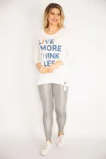 Kadın Kemik Önü Taş Ve Baskılı Yan Bağcık Detaylı Uzun Kollu Bluz 65N35350