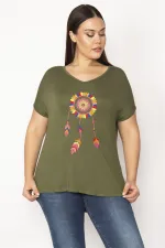 Kadın Haki Nakış Detaylı V Yaka Düşük Kol Bluz 65N29513