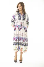 Kadın Büyük Beden Saks Dokuma Viskon Kumaş Ön Yarım Düğmeli Uzun Kollu Elbise 65N36886