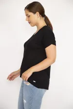 Kadın Siyah Büyük Beden Bisiklet Yakalı Kısa Kollu Arkası Uzun Bluz