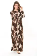 Kadın Büyük Beden Kahve Yaka Bağcıklı Uzun Kollu Maksi Boy Elbise 65N37866