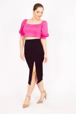 Kadın Fujya Büyük Beden Yaka Ve Kolu Lastik Detaylı Scuba Kumaç Crop