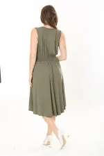 Kadın Haki Anvelop Yakalı Arka Bel Lastikli Kolsuz Likralı Viskon Elbise 65N37872