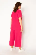 Kadın Fujya Kaşkorse Örme Beli Lastikli Geniş Paçalı Pantolon V Yakalı Bluz Takım 65N32939