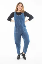 Kadın Büyük Beden Mavi V Yakalı Cepli Kot Tulum 65N37321
