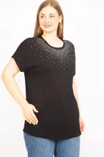 Kadın Mürdüm Büyük Beden Taş Detaylı Düşük Kol Bluz 65N35636