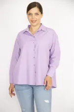 Kadın Büyük Beden Lila Poplin Kumaş Ön Düğmeli Yan Yırtmaçlı Uzun Kollu Gömlek 65N36798