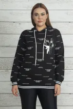 Women's Black Hooded Sweatshirt with Glittery Ribbed Hem and Cuffs 65N20362