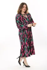 Kadın Büyük Beden Renkli V Yakalı Bürümcük Kumaş Uzun Kollu Katlı Elbise 65N37621