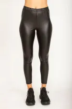 WOMEN'S BLACK FRONT ARTIFICIAL LEATHER COATING, BACK VISCOSE FABRIC LEGGINGS TROUSERS