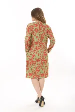 Kadın Büyük Beden Yeşil Organik Koton Kumaş Kup Detaylı Uzun Kollu Elbise 65N37626