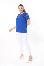 Kadın Büyük Beden Saks Angels Taş Detaylı Kısa Kollu Bluz 65N37675