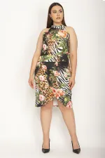 KADIN RENKLİ HALTER YAKALI ETEĞİ KAPALI ANVELOP ÇİÇEK DESENLİ ELBİSE