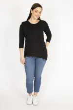 Kadın Siyah Büyük Beden Tek Omuz Dekolteli Etek Ucu Dantel Bluz