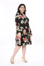 Kadın Büyük Beden Siyah V Yakalı Uzun Kollu Katlı Elbise 65N37944