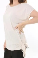 Kadın Büyük Beden Bej Yan Bağlamalı Bisiklet Yakalı Kısa Kollu Bluz 65N37849