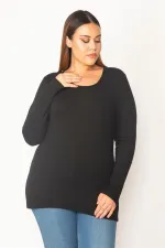 Kadın Büyük Beden Lacivert Pamuklu Kumaş Bisiklet Yakalı Uzun Kollu Bluz 65N37715