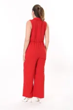 Kadın Büyük Beden Kırmızı Anvelop Yakalı Geniş Paçalı Tulum 65N37734