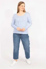 Kadın Bebe Mavisi Büyük Beden Bisiklet Yakalı Ön Baskılı Bluz 65N35567