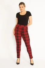 Kadın Kırmızı Ekose Desenli Süs Fermuar Cepli Tayt 65N34640