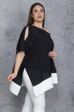 Kadın Siyah Omuz Dekolteli Etek Ucu Bantlı Şifon Tunik 65N25562