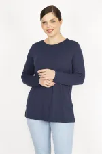 Kadın Lacivert Büyük Beden Bisiklet Yakalı Arka Fermuar Detaylı Bluz