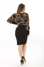 Kadın Büyük Beden Siyah Anvelop Yakalı Uzun Kollu Elbise 65N37628