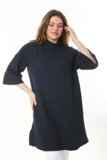 Kadın Büyük Beden Lacivert Dik Yakalı Kendinden Desenli Kapri Kollu Tunik Elbise 65N37518