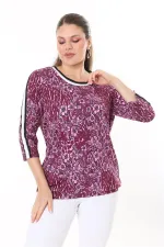 Kadın Büyük Beden Mürdüm Yaka Ve Kolları Sim Şerit Detaylı Uzun Kollu Bluz 65N37709