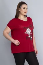 Kadın Bordo Baskı Detaylı Düşük Kol Bluz 65N22675