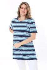 Kadın Büyük Beden Mavi Bisiklet Yakalı Kısa Kollu Çizgili Tunik 65N37850