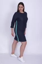 Kadın Lacivert Tensel Kot Yanları Metal Düğme Yırtmaçlı Yan Şeritli Elbise 65N25966