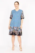 Kadın Mavi Büyük Beden Dokuma Viskon Kumaş Şal Desenli Elbise 65N35834