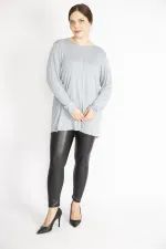 Kadın Gri Büyük Beden Bisiklet Yakalı Uzun Kollu Likralı Tunik