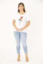 Kadın Büyük Beden Beyaz Pamuk Kumaş Ön Baskılı Bluz 65N36938