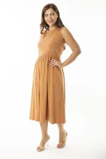 Kadın Büyük Beden Oranj Beli Lastik Detaylı Kolsuz Elbise 65N36903