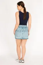 Kadın Mavi Büyük Beden Ön Fermuarlı Likralı Kot Etek