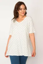 Kadın Kemik Pamuklu Kumaş V Yakalı Desenli Bluz 65N33540