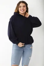 Women's Plus Size Navy Blue Inside-Red Elastic Waist Detailed Hooded Sweatshirt 65N37205