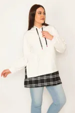 Kadın Kemik Kapşonlu Etek Ucu Ekose Garnili Sweatshirt 65N31947