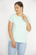 Kadın Pembe Büyük Beden Pamuk Kumaş Kendinden Desenli Düşük Kol Bluz