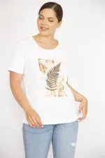 Kadın Kemik Büyük Beden Pamuk Kumaş Bisiklet Yakalı Kısa Kollu Ön Baskılı Bluz