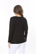 Kadın Büyük Beden Siyah Taş Detaylı Yarasa Kol Bluz 65N37805